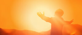man with hands up looking toward sun